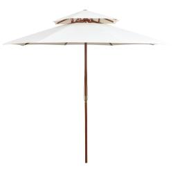 Parasol &agrave; deux &eacute;tages avec poteau en bois blanc cr&egrave;me