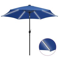 Parasol de jardin et lumi&egrave;res LED m&acirc;t en aluminium bleu azur&eacute;