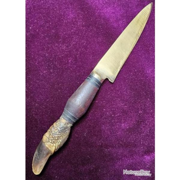 Couteau de cowboy Argentine ou Uruguay, GAUCHO! Manche patte de Nandu, lame plaque OR