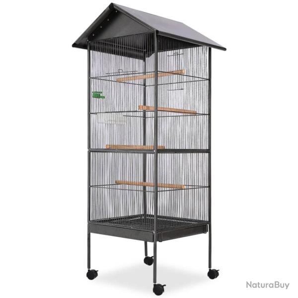 Cage � oiseaux avec toit Acier Noir 66 x 66 x 155 cm