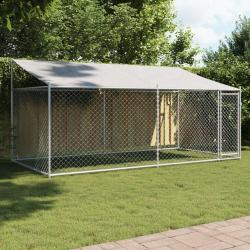 Cage pour chien avec toit et porte gris 4x2x2 m acier galvanis&eacute;