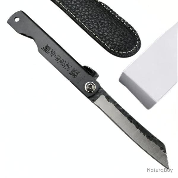 Higonokami Couteau de Poche Pliant Noir Japonais Forg� � la Main �tui Fourreau Cuir PU EDC