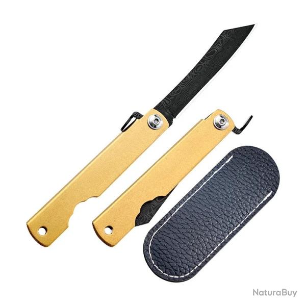 Higonokami Couteau de Poche Pliant Forg� � la Main Motif Damas + �tui Cuir PU Couteau Japonais