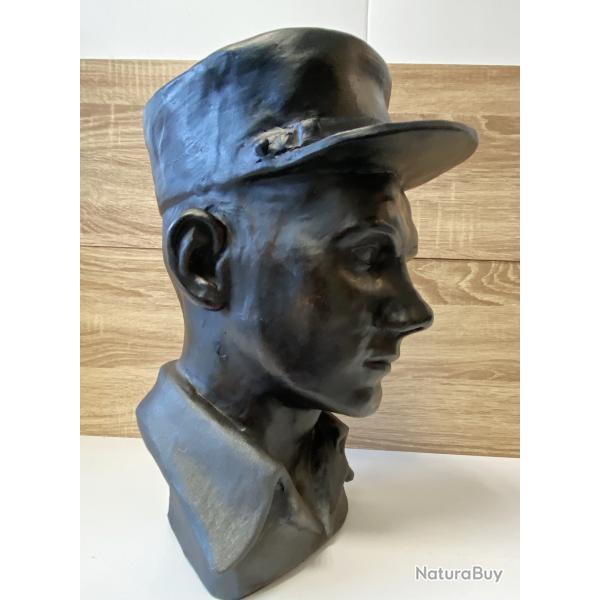 Grande Statue Sculpture Buste T�te de L�gionnaire Terre Cuite Rouge Patine Noire