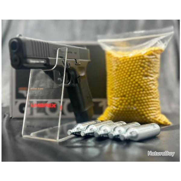 NOUVEAUT� 2025 "PACK PR�T A TIRER" PISTOLET GLOCK 19 GEN5 MOS BBS 6MM CO2 1J BLACK AVEC 4 INTERFACES