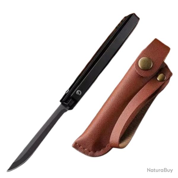 Couteau Pliant Noir EDC Brise Vitre + �tui Cuir PU Camping Randonn�e Acier Inoxydable Haute Duret�