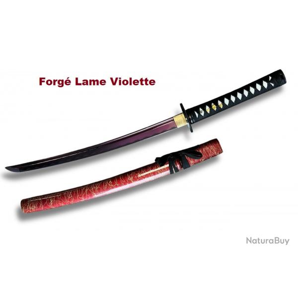 Wakisashi forg� rouge et Or lame violette