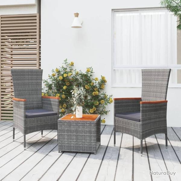salon de jardin 3 pcs gris poly rotin et acacia