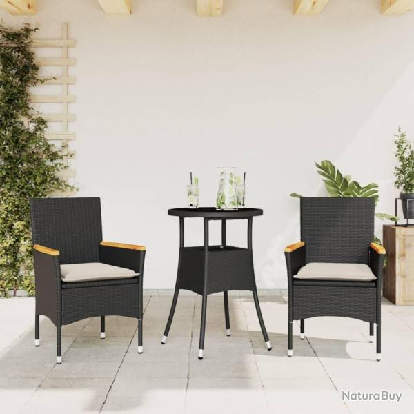 Ensemble � manger de jardin et coussins 3 pcs noir rotin verre