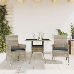 Ensemble &agrave; manger de jardin avec coussins 3 pcs rotin et verre
