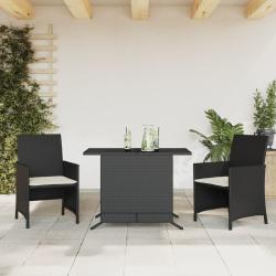 bistro 3 pcs avec coussins noir r&eacute;sine tress&eacute;e