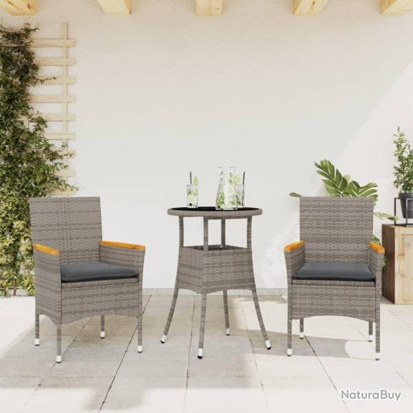 Ensemble � manger de jardin et coussins 3 pcs gris rotin verre