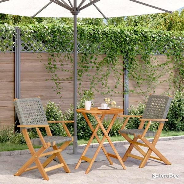 bistro 3 pcs gris r�sine tress�e et bois massif