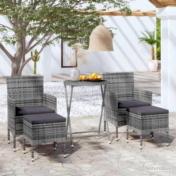 bistro jardin 5pcs R�sine tress�e verre tremp� Gris alsavelo