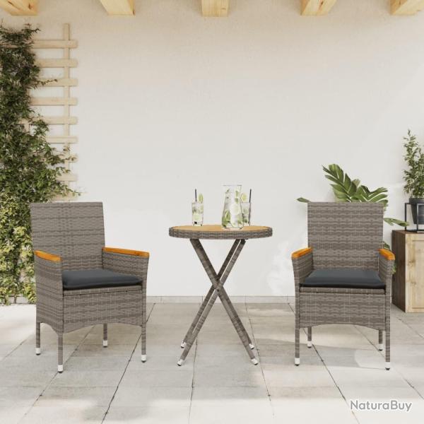 bistro avec coussins 3 pcs gris rotin et acacia