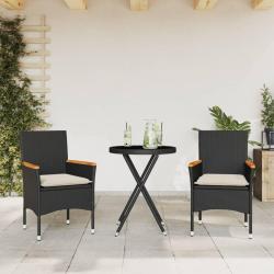 bistro avec coussins 3pcs noir r&eacute;sine tress&eacute;e verre