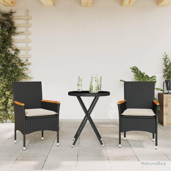 bistro avec coussins 3pcs noir r�sine tress�e verre
