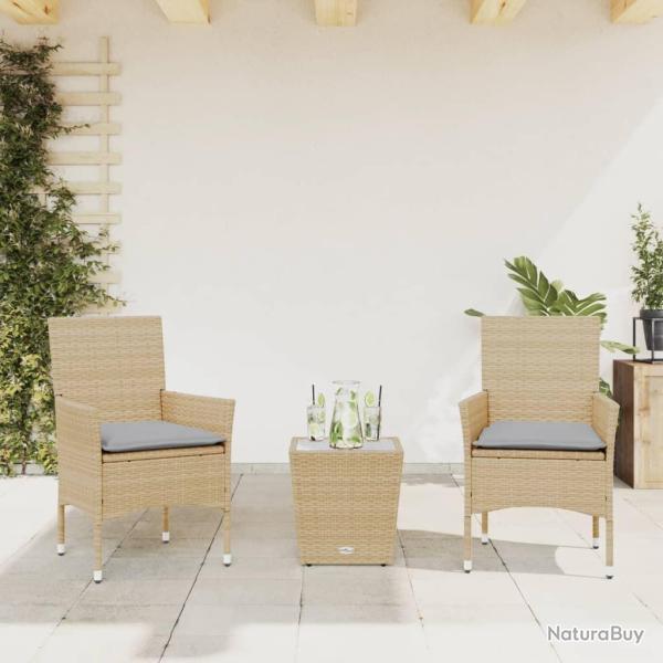 bistro avec coussins 3 pcs beige rotin et verre