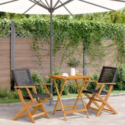 Ensemble de bistro 3 pcs noir r&eacute;sine tress&eacute;e et bois massif