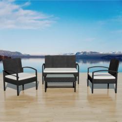 Salon de jardin 4 pcs avec coussins R&eacute;sine tress&eacute;e Noir