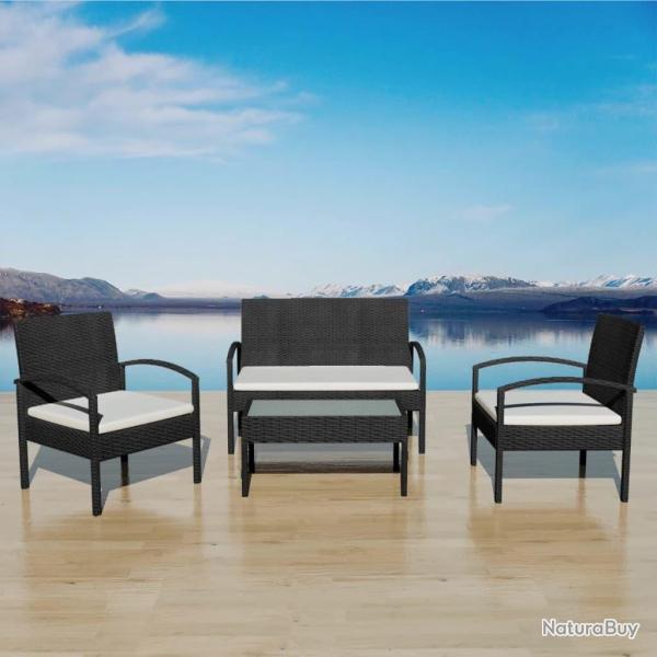 Salon de jardin 4 pcs avec coussins R�sine tress�e Noir