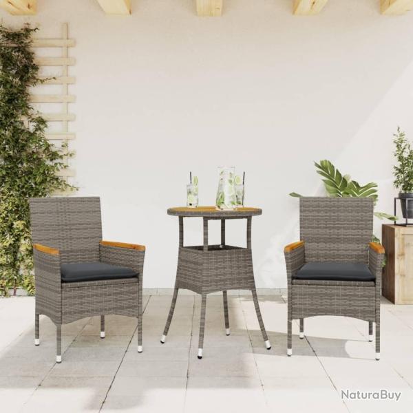 Ensemble  manger de jardin et coussins 3 pcs gris rotin acacia alsavelo