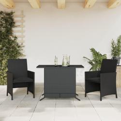bistro 3 pcs avec coussins noir r&eacute;sine tress&eacute;e
