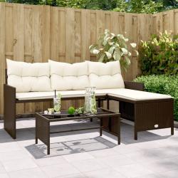 Canap&eacute; de jardin avec table et coussins en forme de L marron