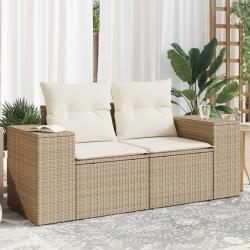 Canap&eacute; de jardin avec coussins 2 places beige r&eacute;sine tress&eacute;e