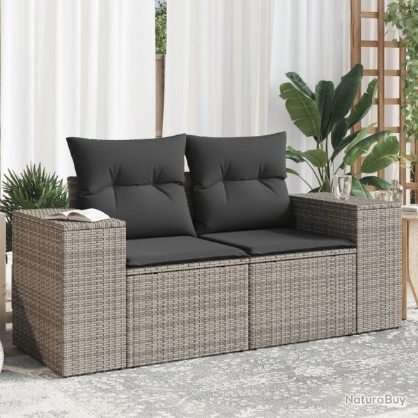 Canap� de jardin 2 places avec coussins gris r�sine tress�e