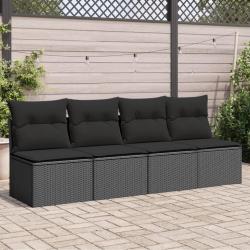 Canap&eacute; de jardin avec coussins 4 places en polyrotin noir
