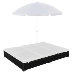 Chaise longue d'ext&eacute;rieur avec parasol R&eacute;sine tress&eacute;e Noir