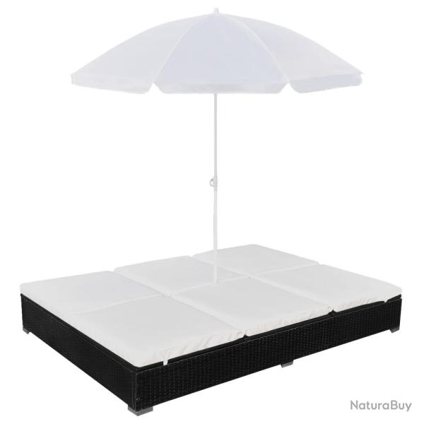 Chaise longue d'ext�rieur avec parasol R�sine tress�e Noir
