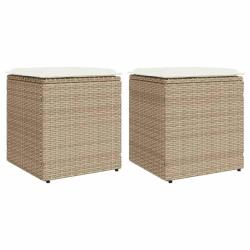 Tabourets de jardin avec coussins lot de 2 beige r&eacute;sine tress&eacute;e alsavelo
