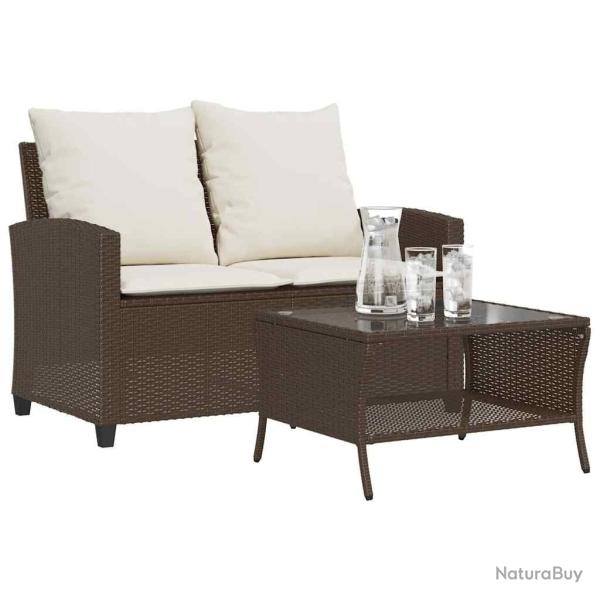 Canap� de jardin 2 places coussins table marron r�sine tress�e