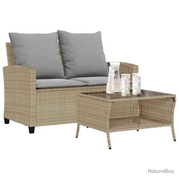 Canap� de jardin 2places coussins et table beige r�sine tress�e