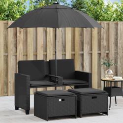 Canap&eacute; de jardin 2 places avec parasol et tabourets noir rotin