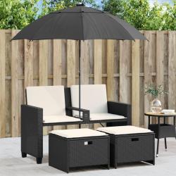 Canap&eacute; de jardin 2 places avec parasol et tabourets noir rotin