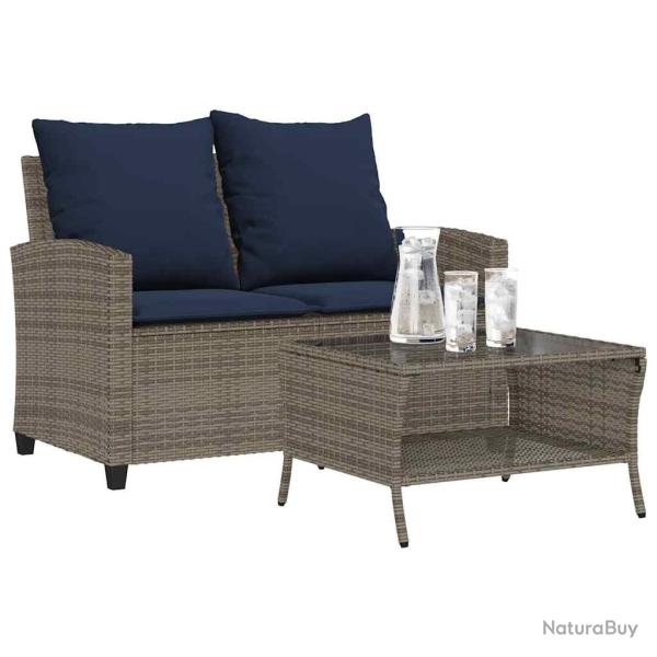 Canap� de jardin 2 places coussins et table gris r�sine tress�e