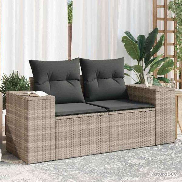 Canap� de jardin 2 places et coussins gris clair r�sine tress�e