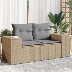 Canap&eacute; de jardin avec coussins 2 places beige r&eacute;sine tress&eacute;e