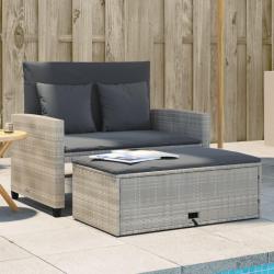 Canap&eacute; de jardin 2 places et coussins gris clair r&eacute;sine tress&eacute;e