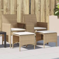 Canap&eacute; de jardin 2 places avec table et tabourets beige rotin