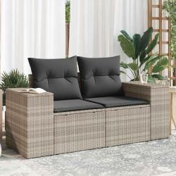 Canap&eacute; de jardin 2 places et coussins gris clair r&eacute;sine tress&eacute;e
