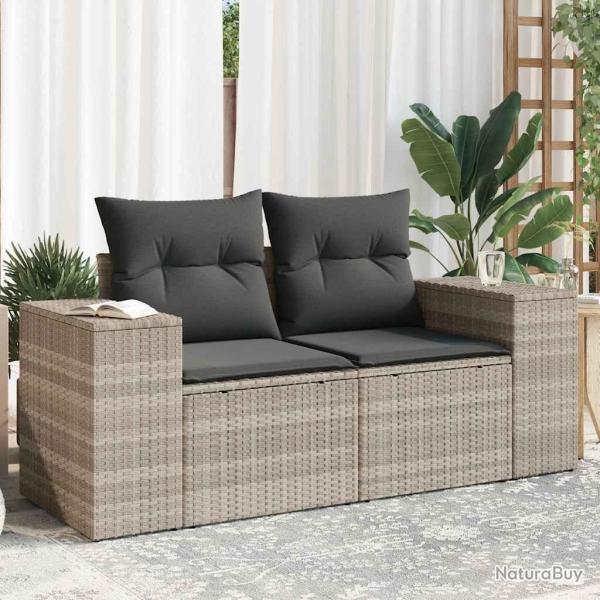 Canap� de jardin 2 places et coussins gris clair r�sine tress�e