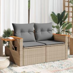 Canap&eacute; de jardin avec coussins 2 places beige r&eacute;sine tress&eacute;e