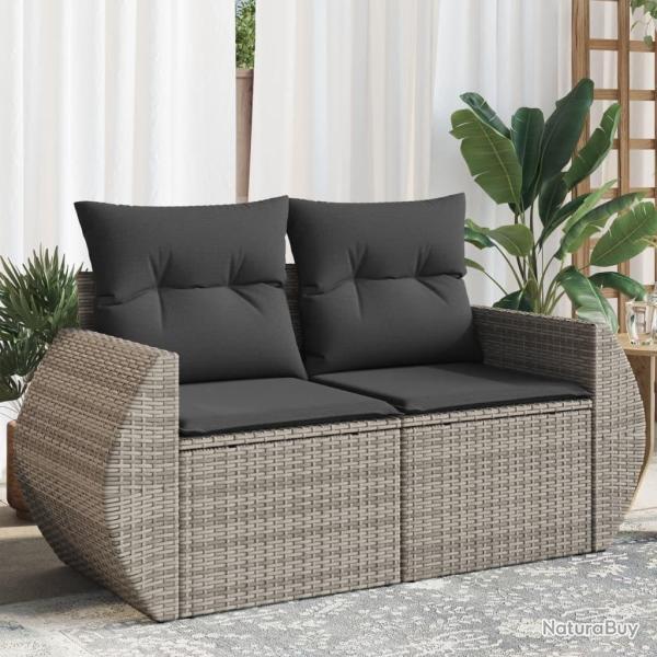 Canap� de jardin 2 places avec coussins gris r�sine tress�e
