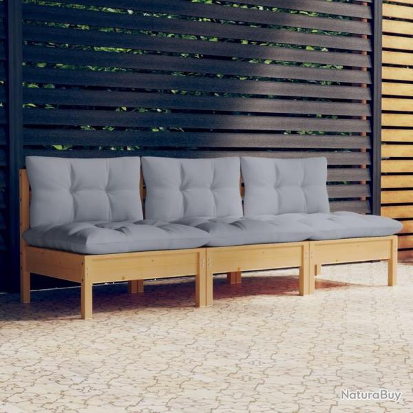 Canap� 3 places de jardin et coussins gris Bois de pin solide
