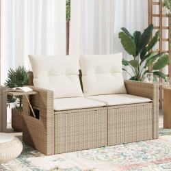 Canap&eacute; de jardin avec coussins 2 places beige r&eacute;sine tress&eacute;e
