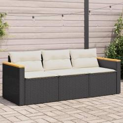 Canap&eacute; de jardin avec coussins 3 places noir r&eacute;sine tress&eacute;e